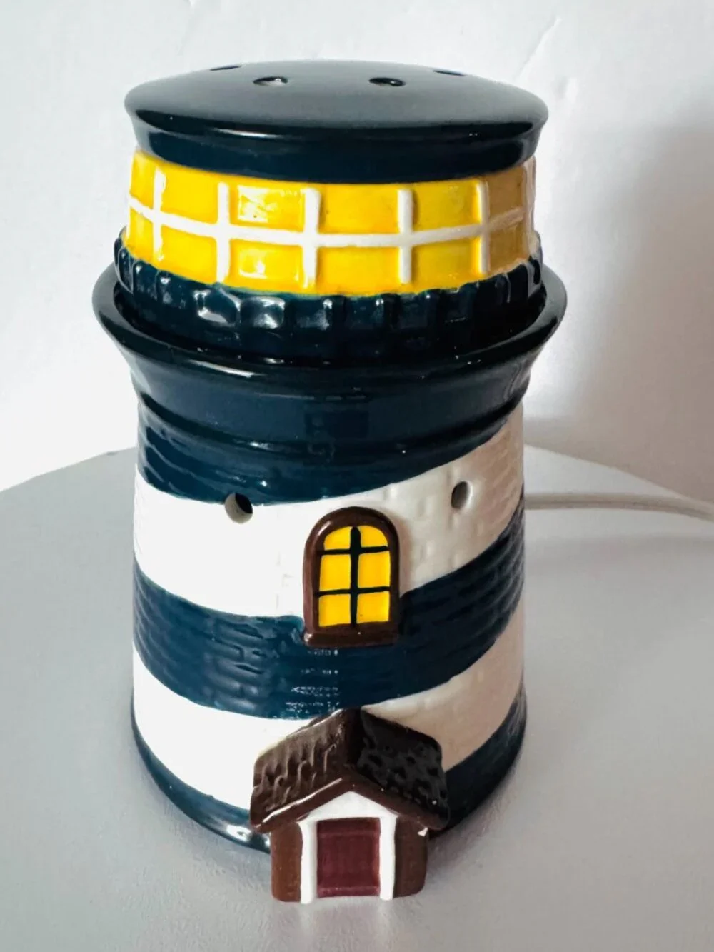Retired Scentsy Nautical Lighthouse Blue White Ceramic Wax Warmer  TESTED
